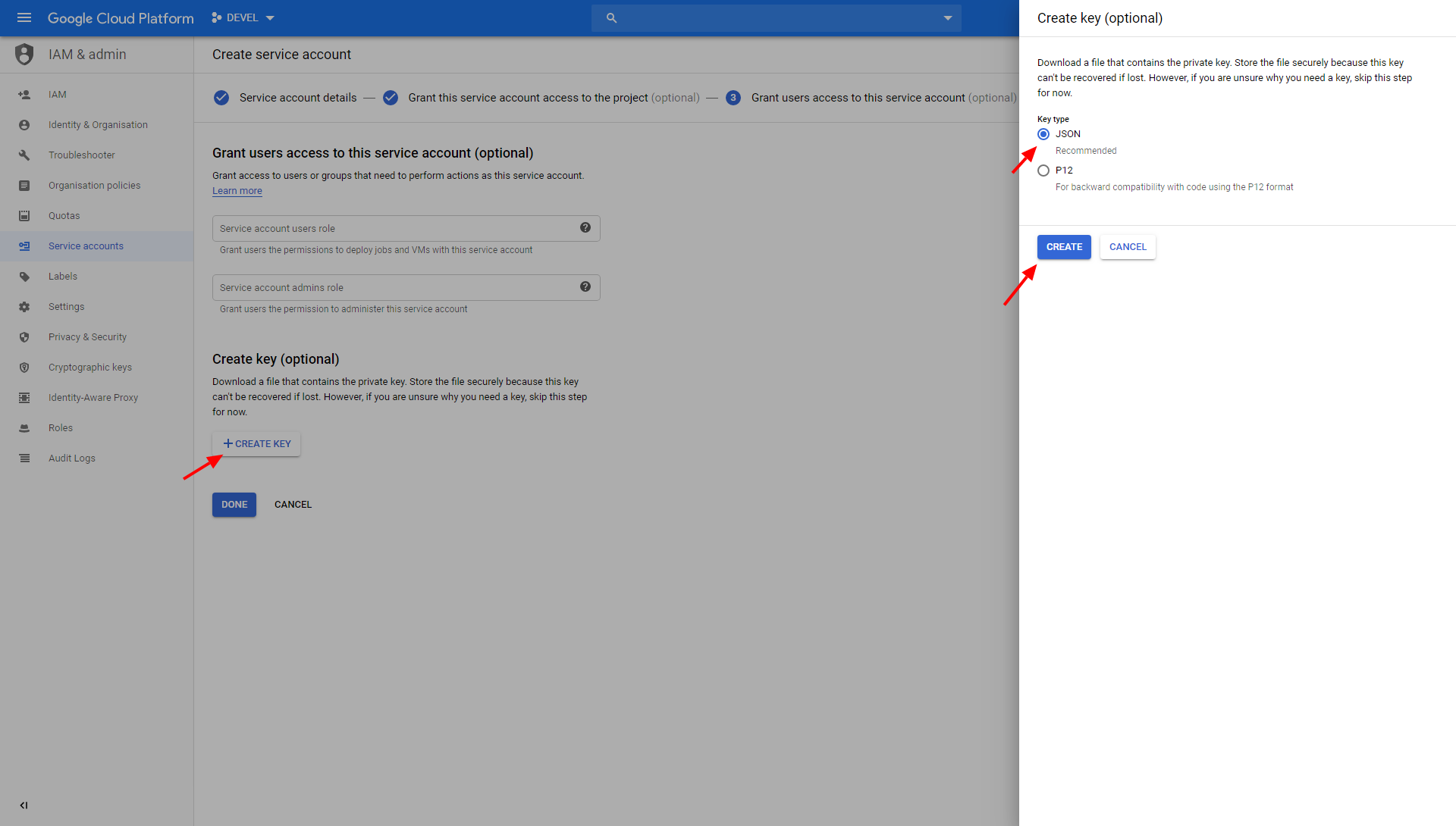 Screenshot - Create JSON key