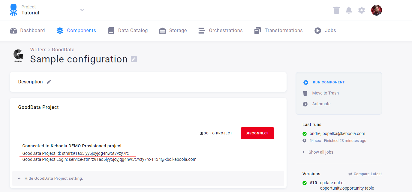 Screenshot - GoodData Data Destination Config with Provisioned Project