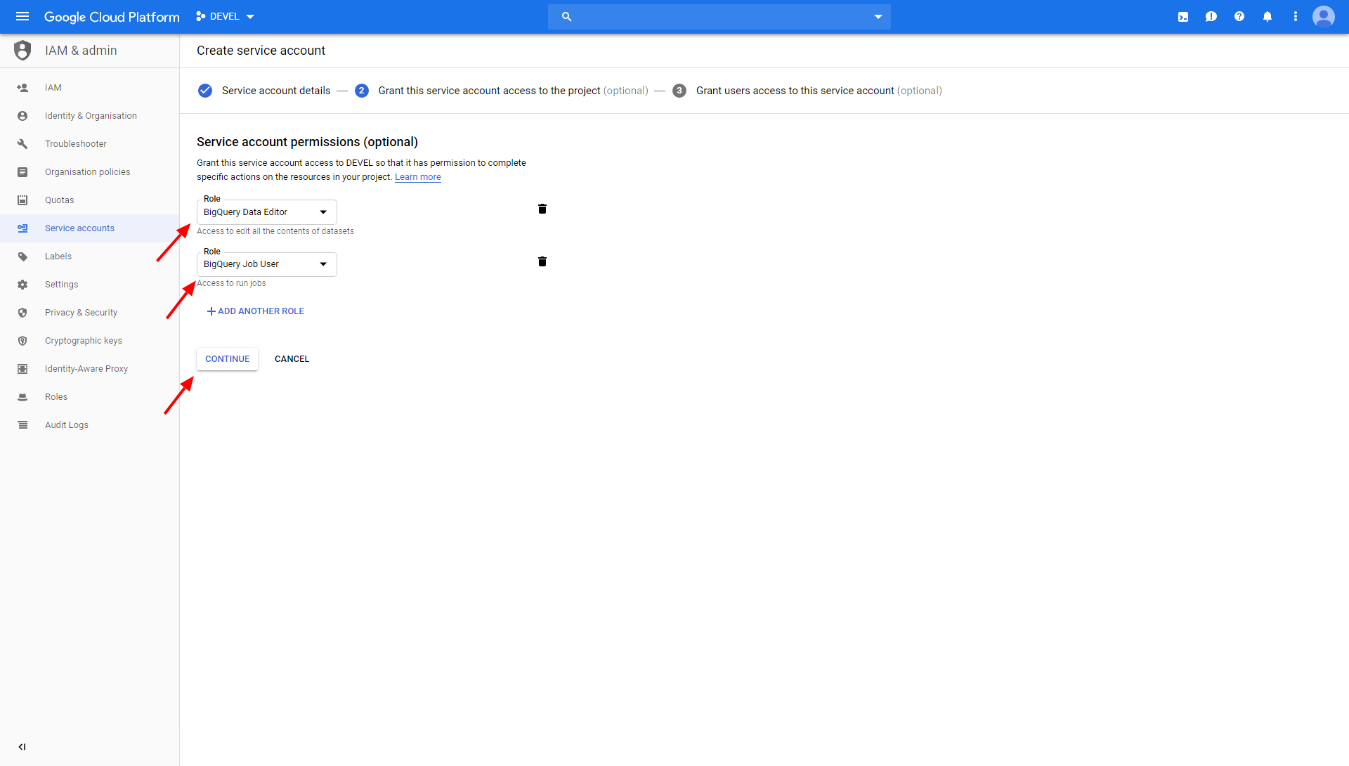 Screenshot - Create service account